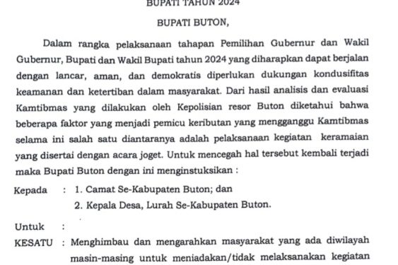 Bupati Buton Terbitkan Instruksi Larangan Kegiatan Keramaian dengan Joget Selama Tahapan Pemilu 2024